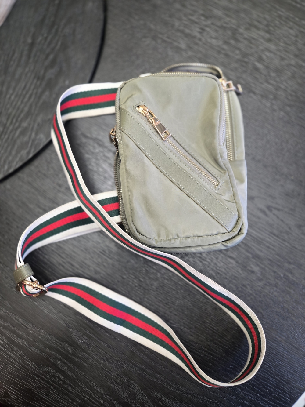 Compact Olive Crossbody Bag with Striped Webbing Strap